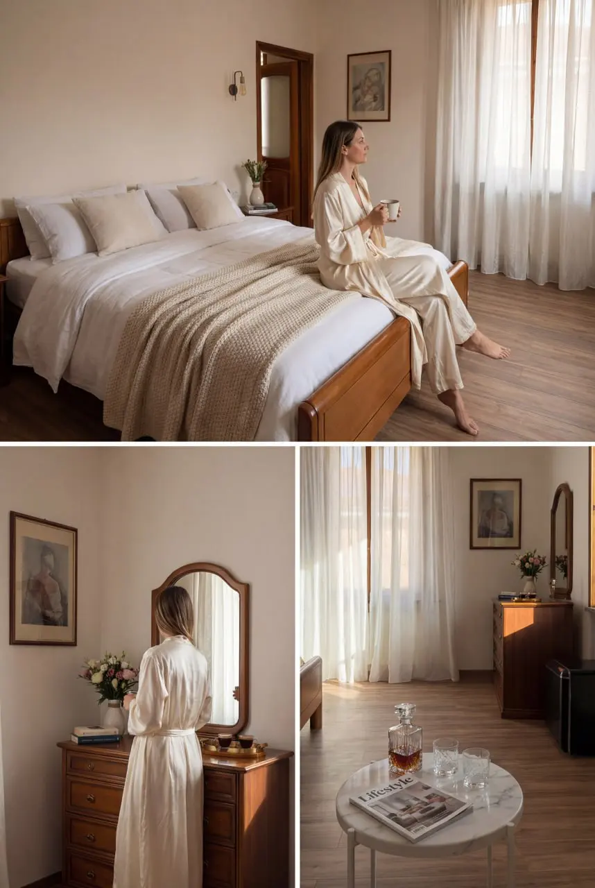 A guest with morning coffee in a room at The Moment, Bergamo